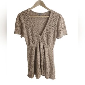 Metro 7 Womens Tan Boho Crochet Top V Neck Size Large